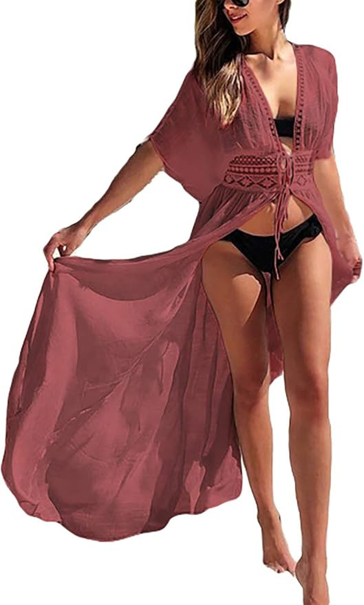 Bsubseach Women Solid Color Long Beach Kimono Cardigan Open Front Bikini Swimsuit Cover Up | Amazon (US)