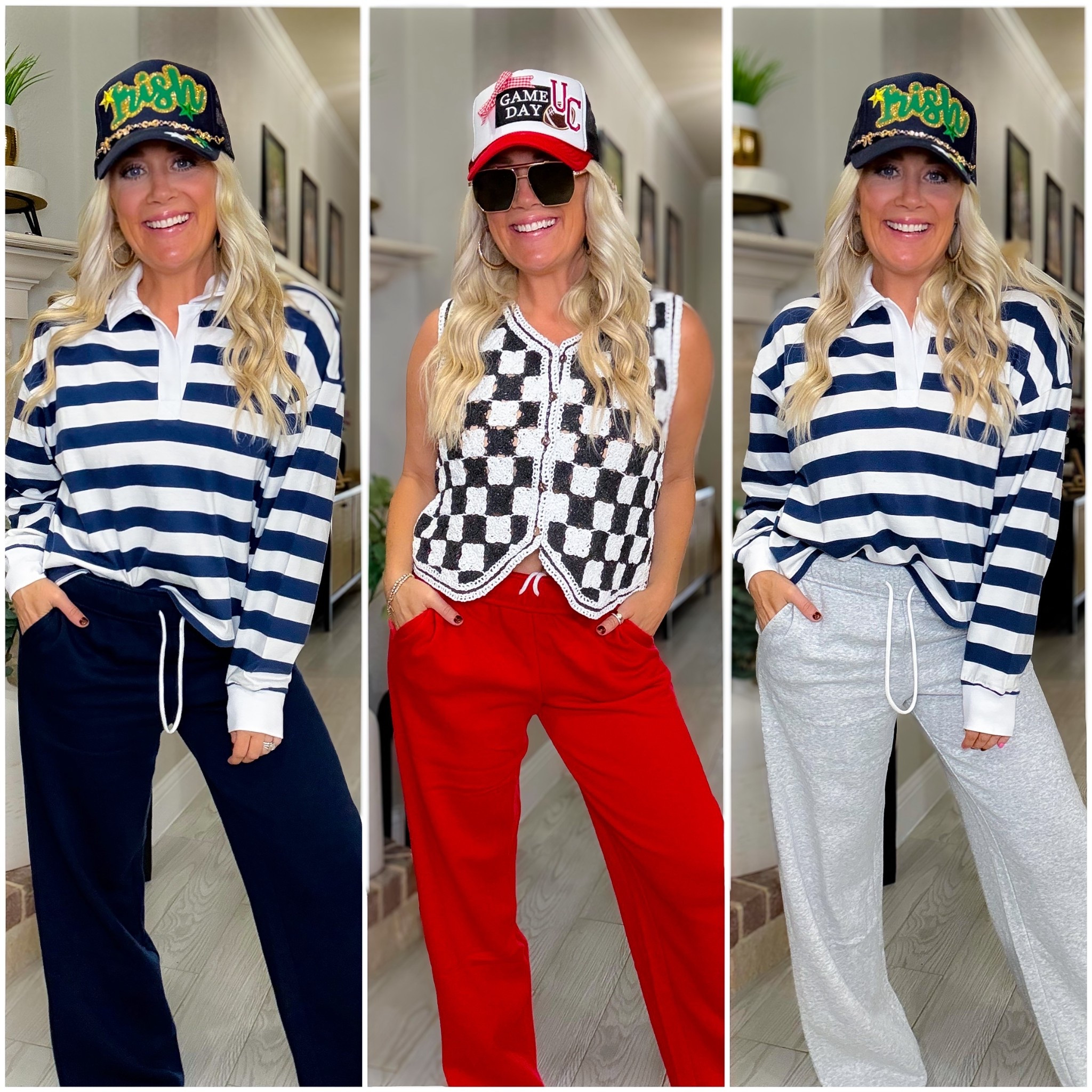 Walmart Gameday rugby striped long sleeve shirts  and the comfiest joggers!!!
Medium in shirts, small in joggers 