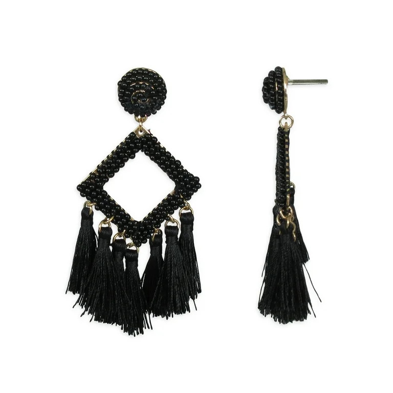 Time and Tru Women's Black Seed Beaded Tassel Earrings | Walmart (US)
