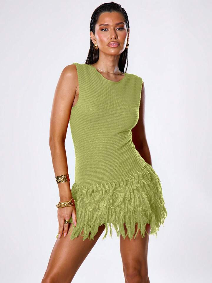 MUSERA Tassel Hem Crochet Knit Mini Dress Vacation Summer | SHEIN