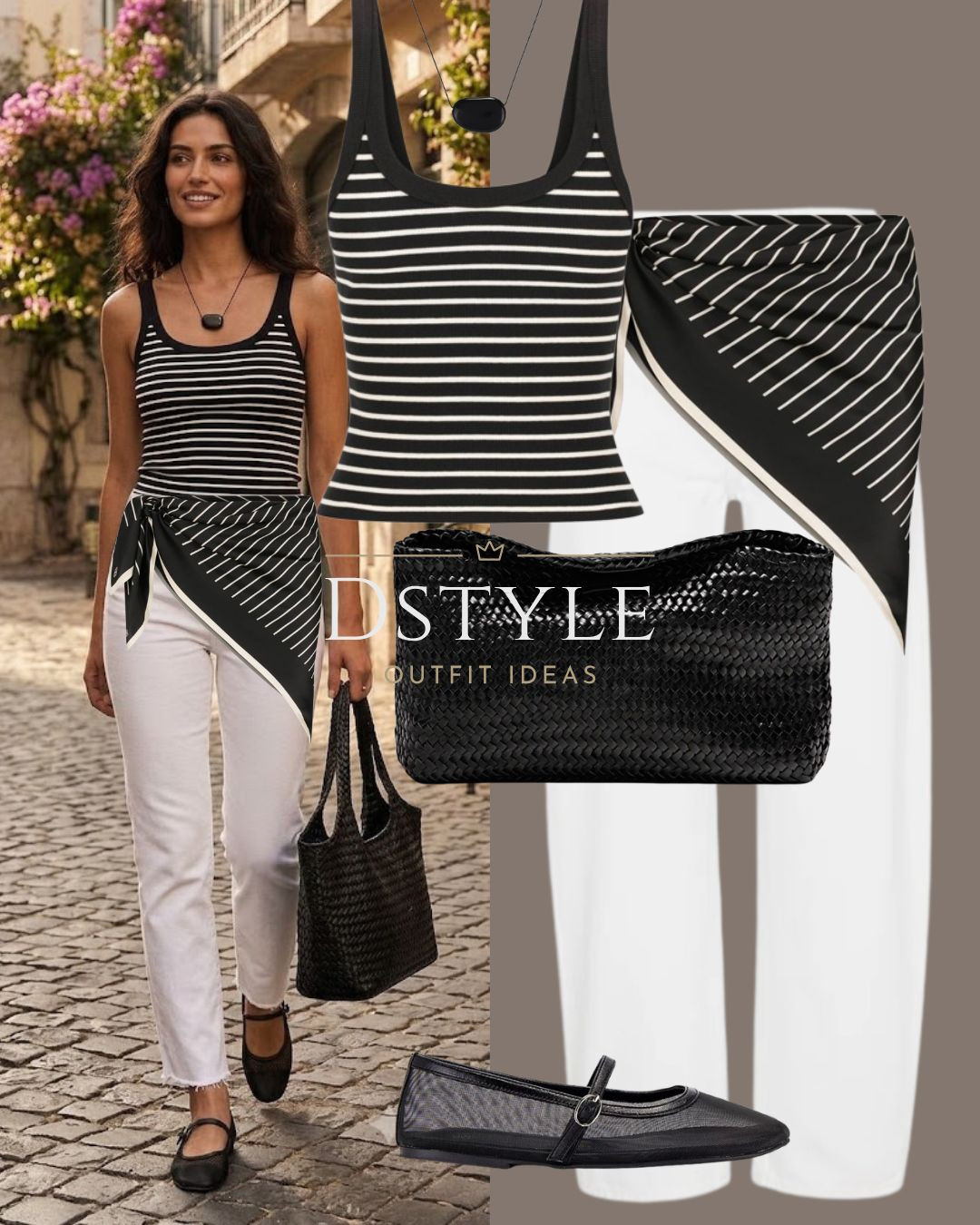 A classic coastal aesthetic ⚓️ Styling a striped tank top and white jeans, with a French-girl twist by tying a striped silk scarf around the waist. Paired with a black woven tote bag and trending black mesh Mary Jane flats. 

 #LTKootd