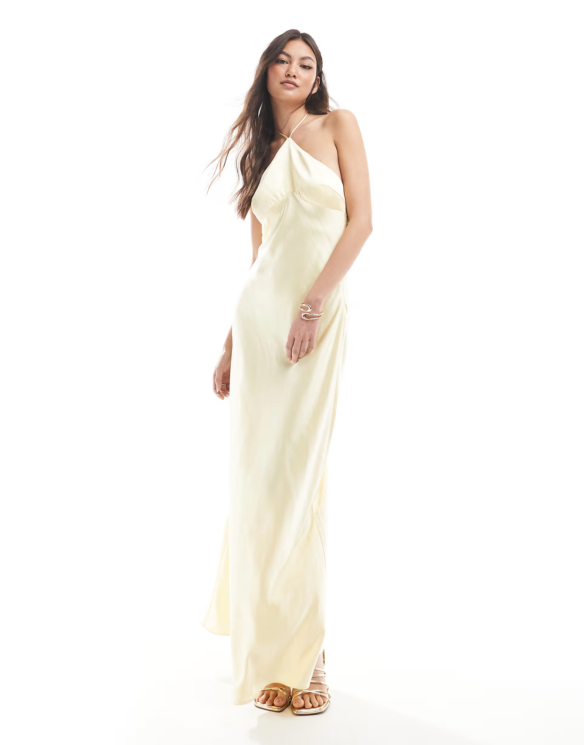 Six Stories Bridesmaid halter neck satin maxi dress in lemon | ASOS (Global)