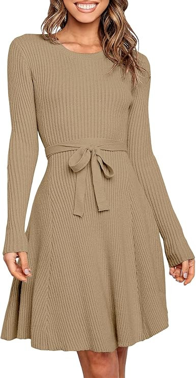 ANRABESS Women's Crewneck Long Sleeve Tie Waist A-Line Swing Bodycon Short Dress Casual Solid Rib... | Amazon (US)