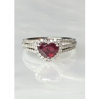 18K White Gold Heart Ruby Ring Diamond Halo Engagement Ring | Etsy (US)