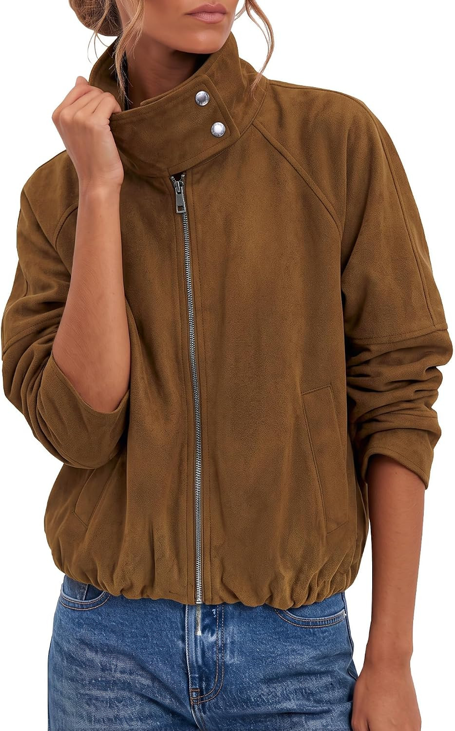 luvamia Faux Suede Jackets Women Oversized Cropped Funnel Neck Zip Up Coats | Amazon (US)