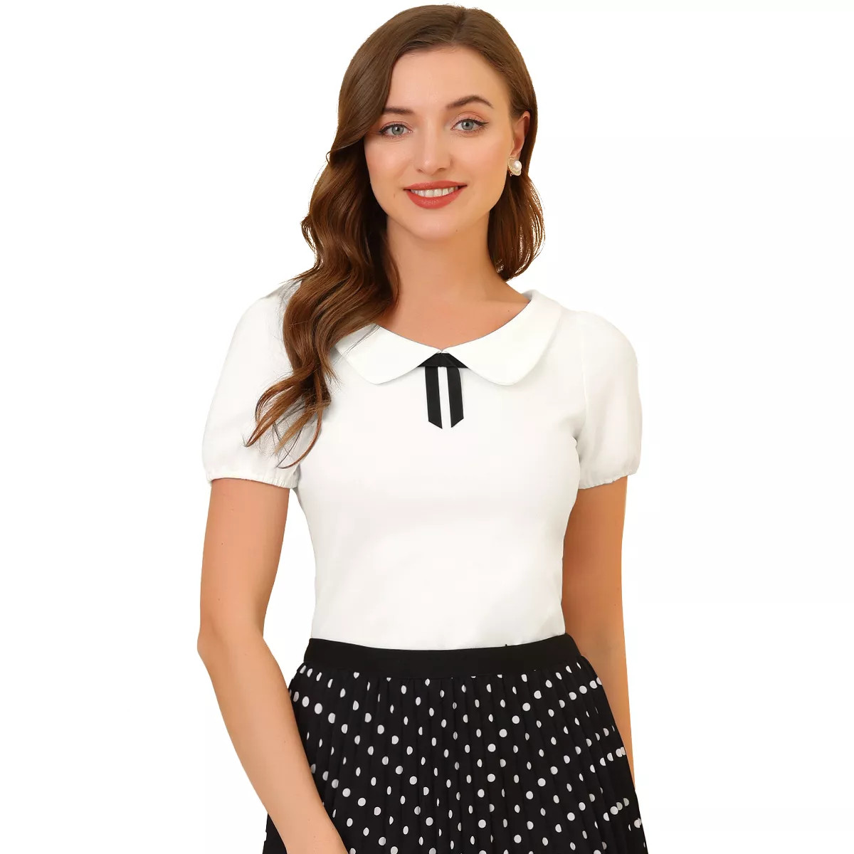 INSPIRE CHIC Women's Bow Neck Solid Short Sleeve Peter Pan Collar Blouse | Target