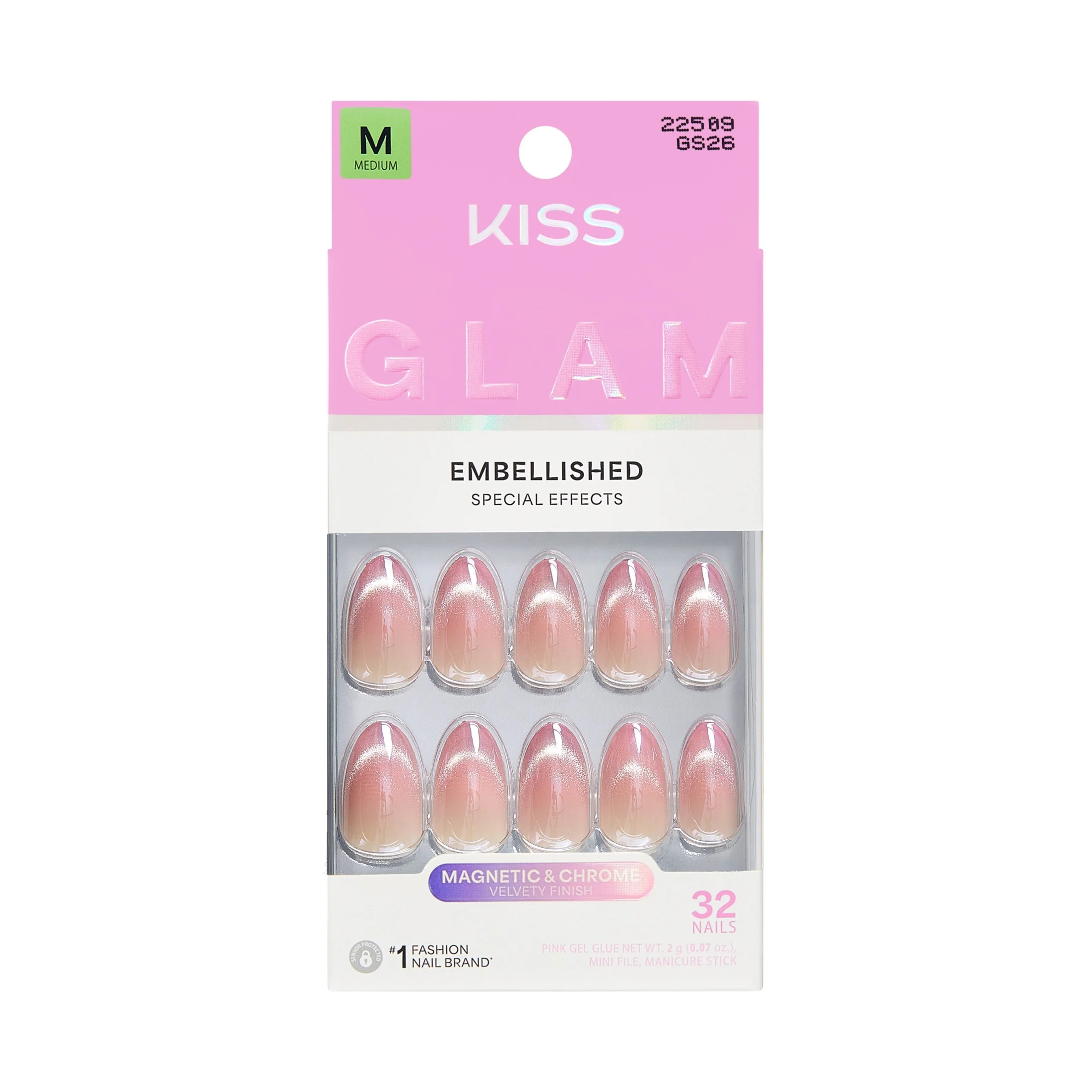 KISS GLAM Embellished Press On Nails Almond, ‘Stardust Wonder’, Pink, Medium, 32 Count | Walmart (US)