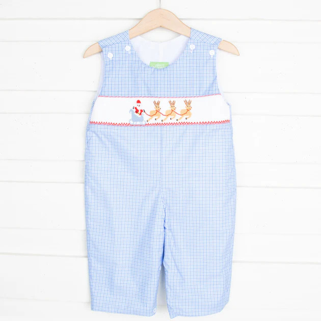Santa's Sleigh Smocked Longall Light Blue Plaid | Classic Whimsy