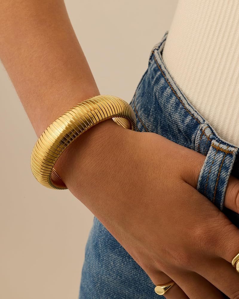 PAVOI Stainless Steel 14K Gold Plated Waterproof Flexible Stretch Chunky Bangle for Women | Cobra... | Amazon (US)