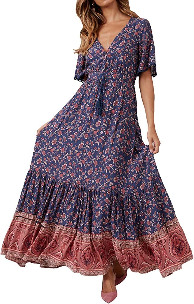R.Vivimos Womens Summer Cotton Short Sleeve V Neck Floral Print Casual Bohemian Midi Dresses | Amazon (US)