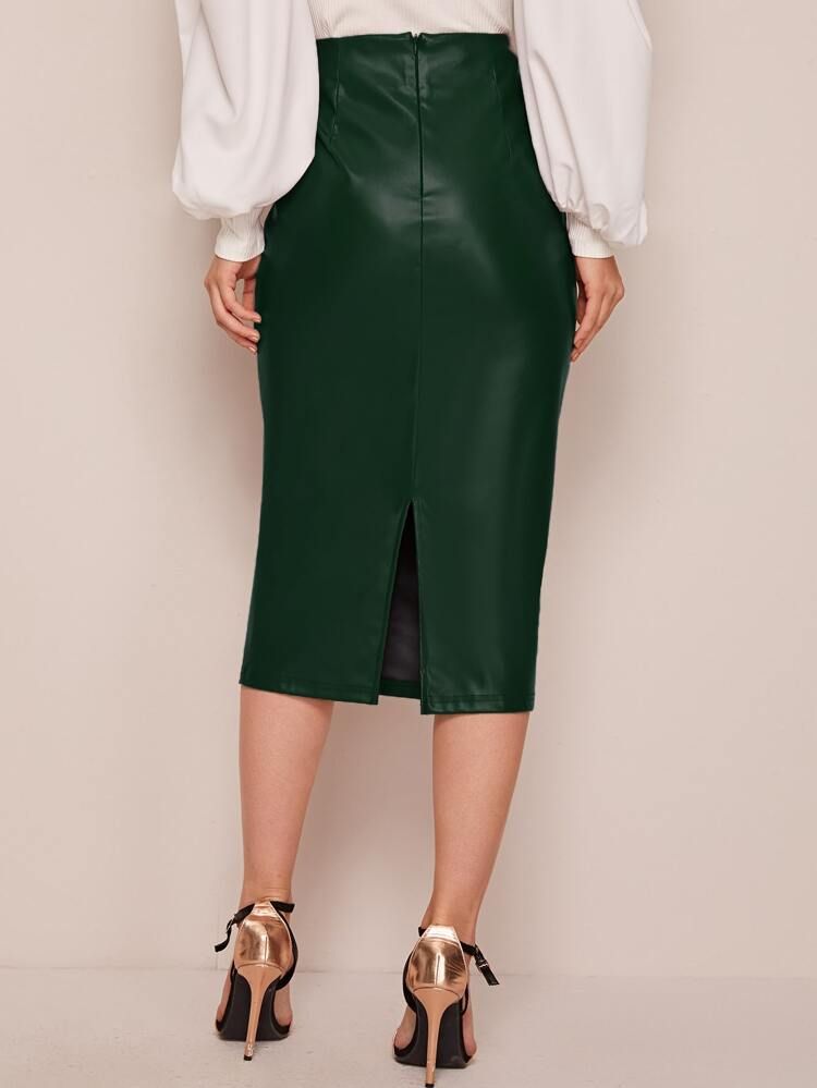SHEIN Notched Waistband Buttoned Front PU Leather Skirt | SHEIN