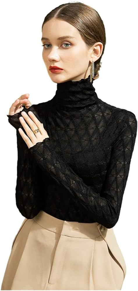 Women's Long Sleeve Bodycon Turtleneck Tees Top Lace Sexy See Through Sheer Mesh Eyelash Trim Shi... | Amazon (US)