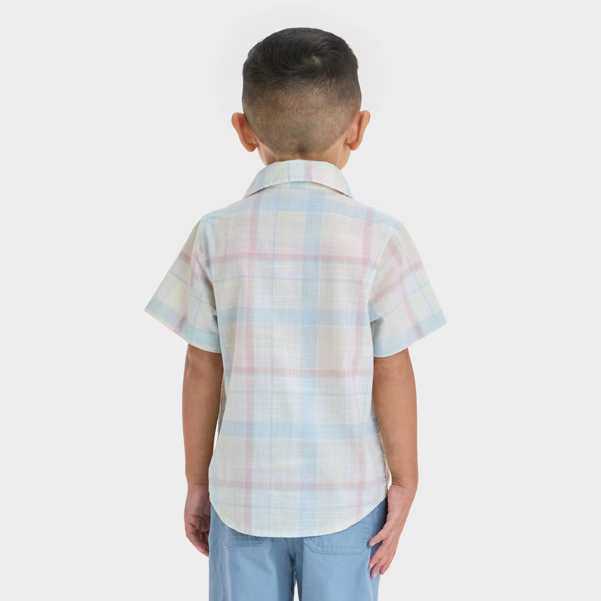 Toddler Boys' Short Sleeve Poplin Button-Up Shirt - Cat & Jack™ Cream/Blue/Pink | Target