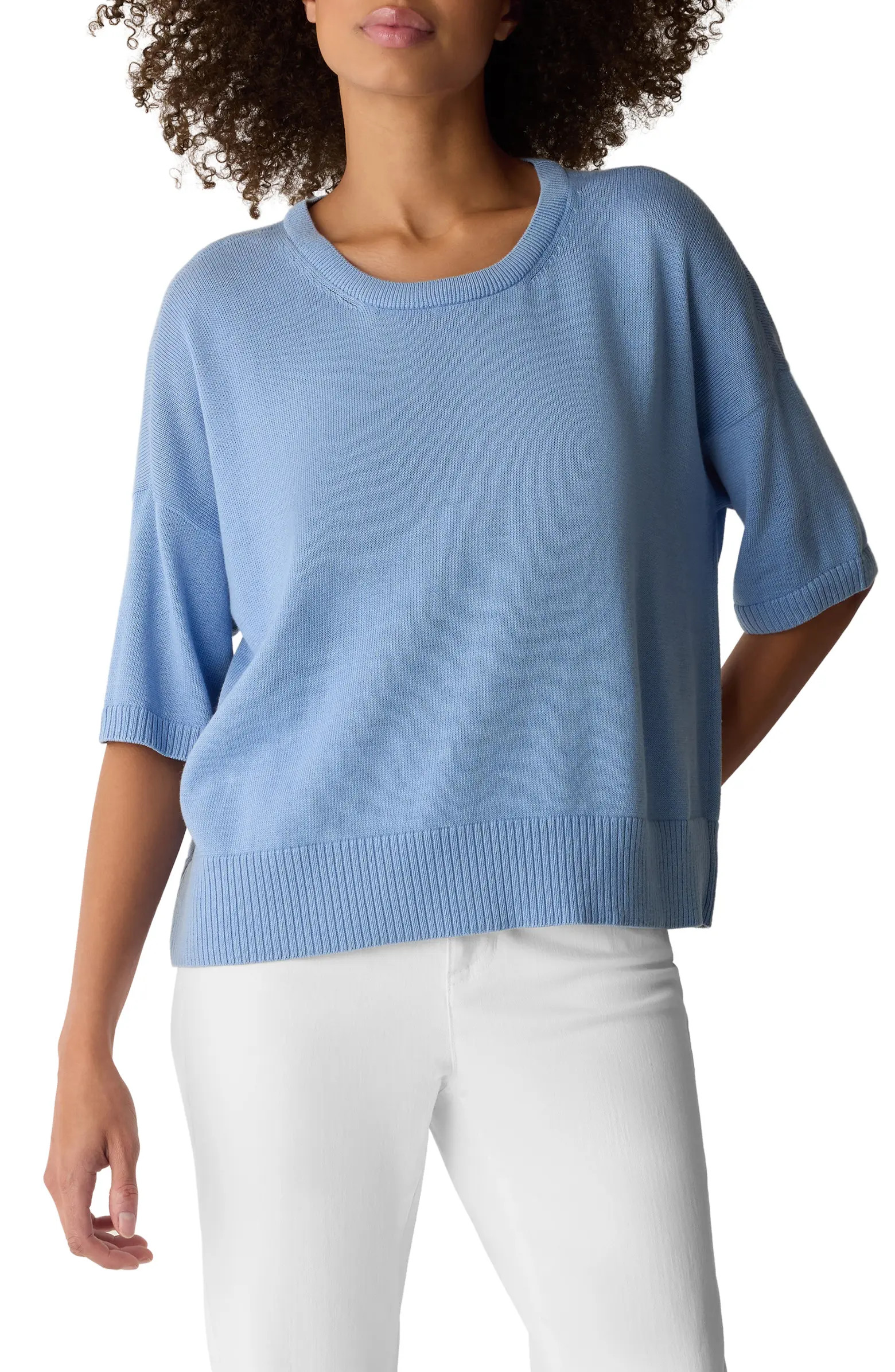Elbow Sleeve Organic Cotton Blend Crewneck Sweater | Nordstrom