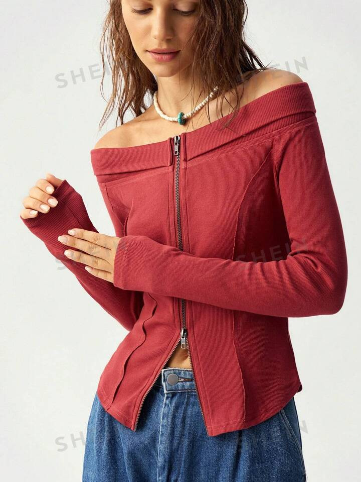 SHEIN BohoFeels Women's Solid Color Knit Bateau Neck Long Sleeve Slim Fit Casual Blouse | SHEIN