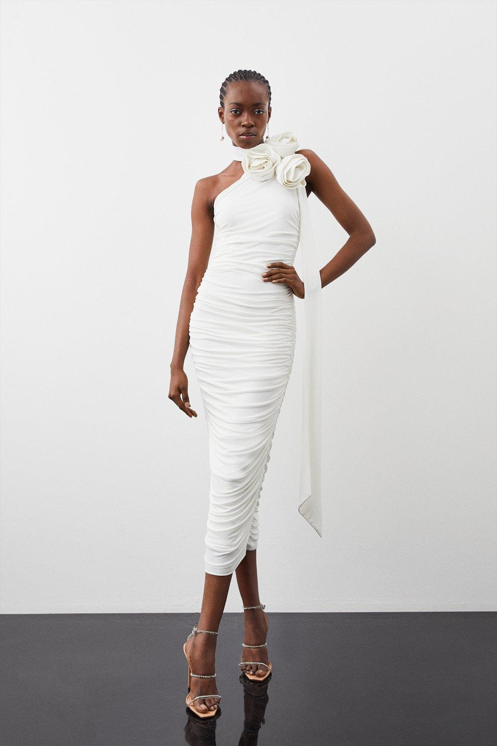 Drapey Ruched Jersey Rosette Midi Dress | Karen Millen UK + IE + DE + NL