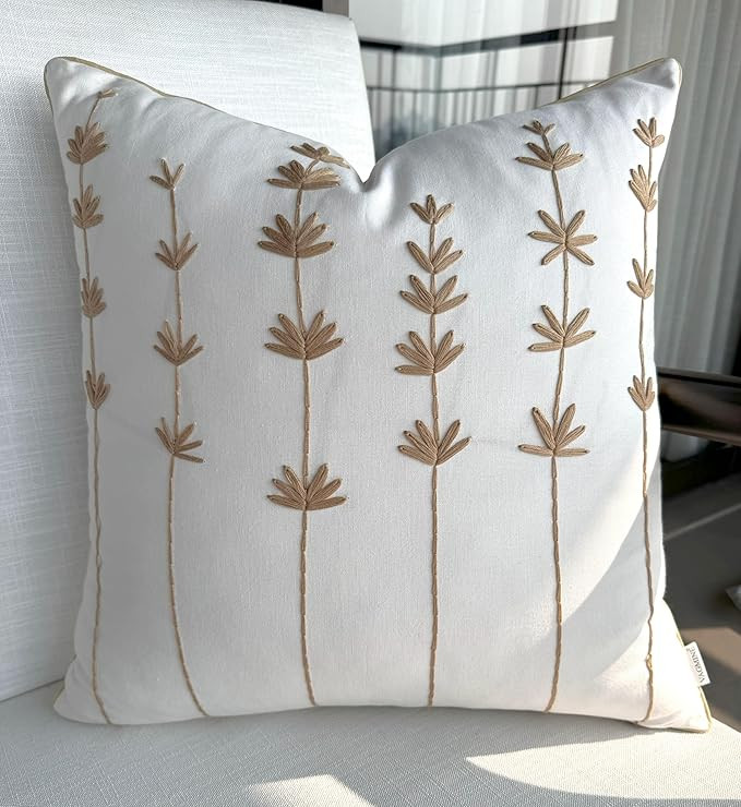 VAGMINE Hand Embroidered Cotton Throw Pillow Cover 20x20 – Off-White Square Decorative Accent C... | Amazon (US)