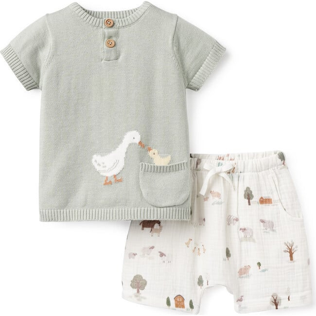 On The Farm Knit Henley Top & Printed Muslin Short Set, Multicolors | Maisonette