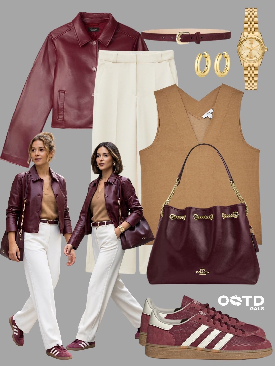 Rich tones, effortless polish ❤️🍂

This look mixes warm neutrals with deep burgundy for a chic, elevated everyday outfit that still feels relaxed.

Clean, classic, and quietly bold.

✨ Style Details:
• Cropped burgundy leather jacket for a statement layer  
• Camel sleeveless knit to soften and balance the look  
• Cream tailored trousers for a refined, elongating fit  
• Matching burgundy belt to tie everything together  
• Burgundy shoulder bag with gold hardware for a luxe touch  
• Retro burgundy sneakers for a cool, casual finish  
• Gold jewelry to warm up the entire palette  

The perfect blend of sporty and sophisticated ✨

#LTKStyle #NeutralStyle #EverydayChic

#LTKgrwm #LTKootd