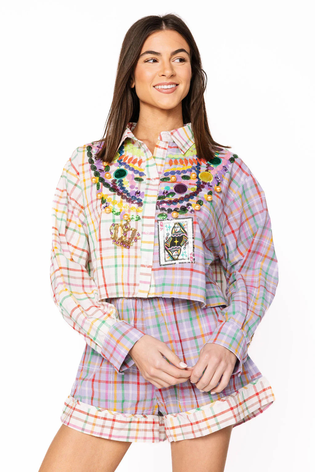 Colorblock Plaid Mardi Gras Beads Button Up Top | Queen of Sparkles