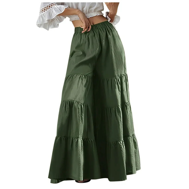Plus Size Pants Women Ladies Tiered Ruffle Hem Wide Leg Elastic Waist Flowy Palazzo Boho Pants Wo... | Walmart (US)