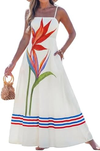 popvil Women Summer Maxi Dress 2026 Spaghetti Strap Long Beach Dress Boho A-Line Flowy Casual Sle... | Amazon (US)