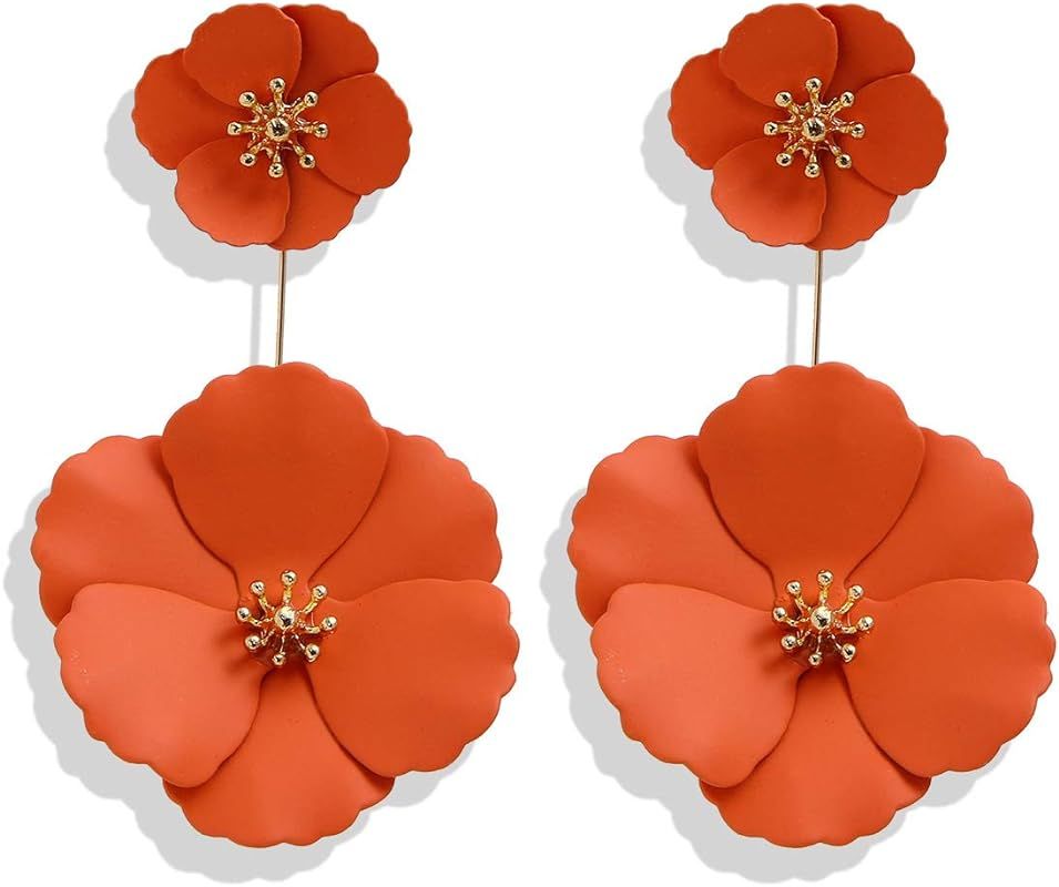 Metal Poppy Flower Dangle Earring Matte Painted Dual Fashion Bohemian Flower Floral Petal Tiered Dro | Amazon (US)