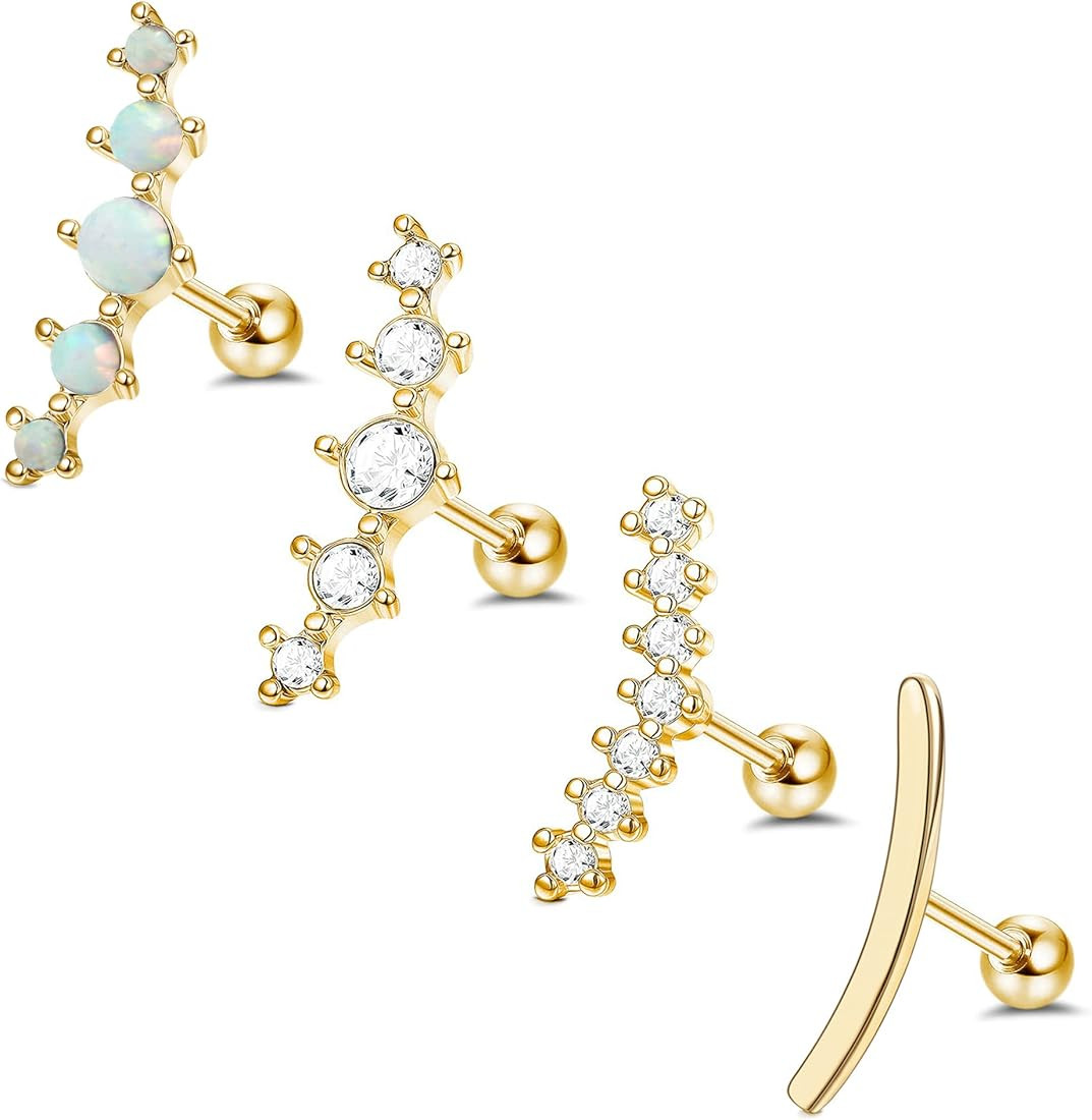 FIBO STEEL 4 Pcs 16G Stainless Steel Cartilage Stud Earrings for Women Opal CZ Bar Helix Conch Da... | Amazon (US)