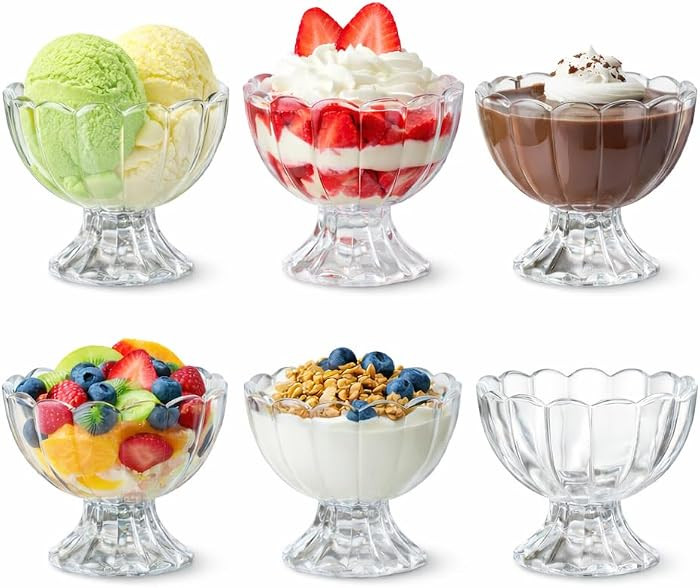 KMwares 5oz Glass Dessert Bowls Set of 6, Footed Tulip Ice Cream Cups, Small Vintage Glass Parfai... | Amazon (US)