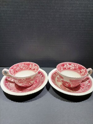 Spode Tower Pink Teacups and Saucers Set of 2 Vintage Red Transferware England  | eBay | eBay US