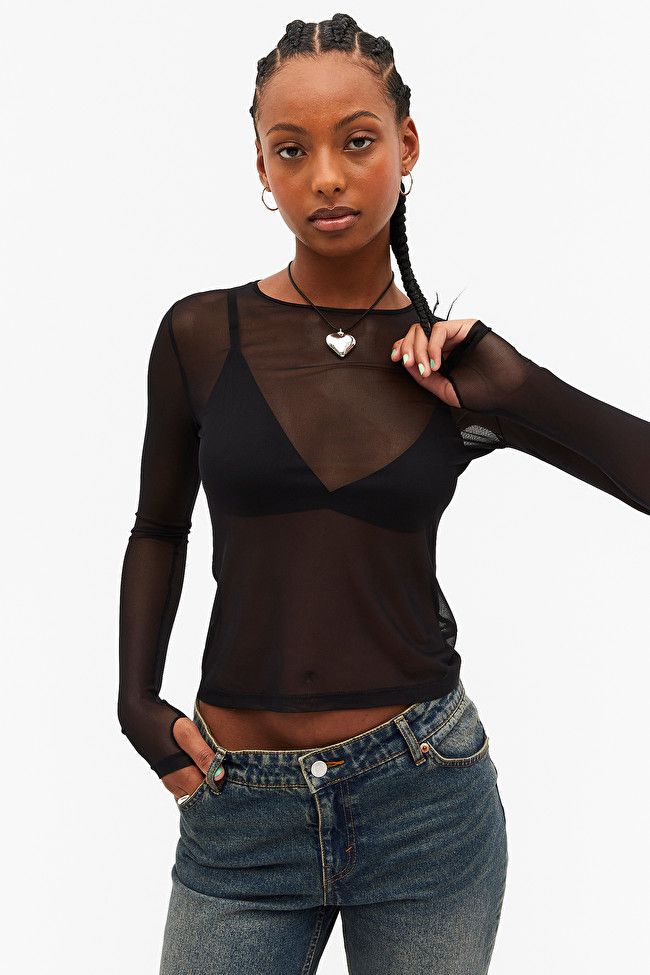 Black long sleeve mesh top with thumbholes | Monki