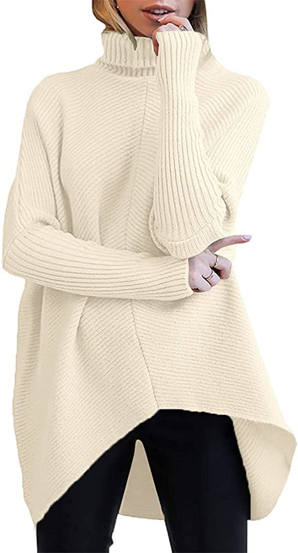 Caracilia Womens Turtleneck Long Sleeve Sweater Irregular Hem Casual Pullover Knit Tops | Amazon (US)