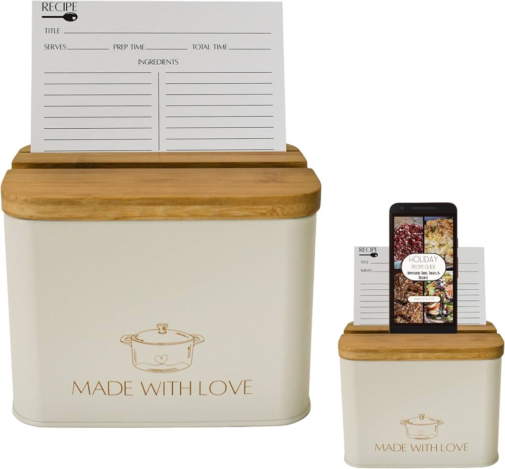 White Recipe Box With Cards And Dividers | Metal Recipe Card Holder w/ Bamboo Lid | 100 Modern Re... | Amazon (US)