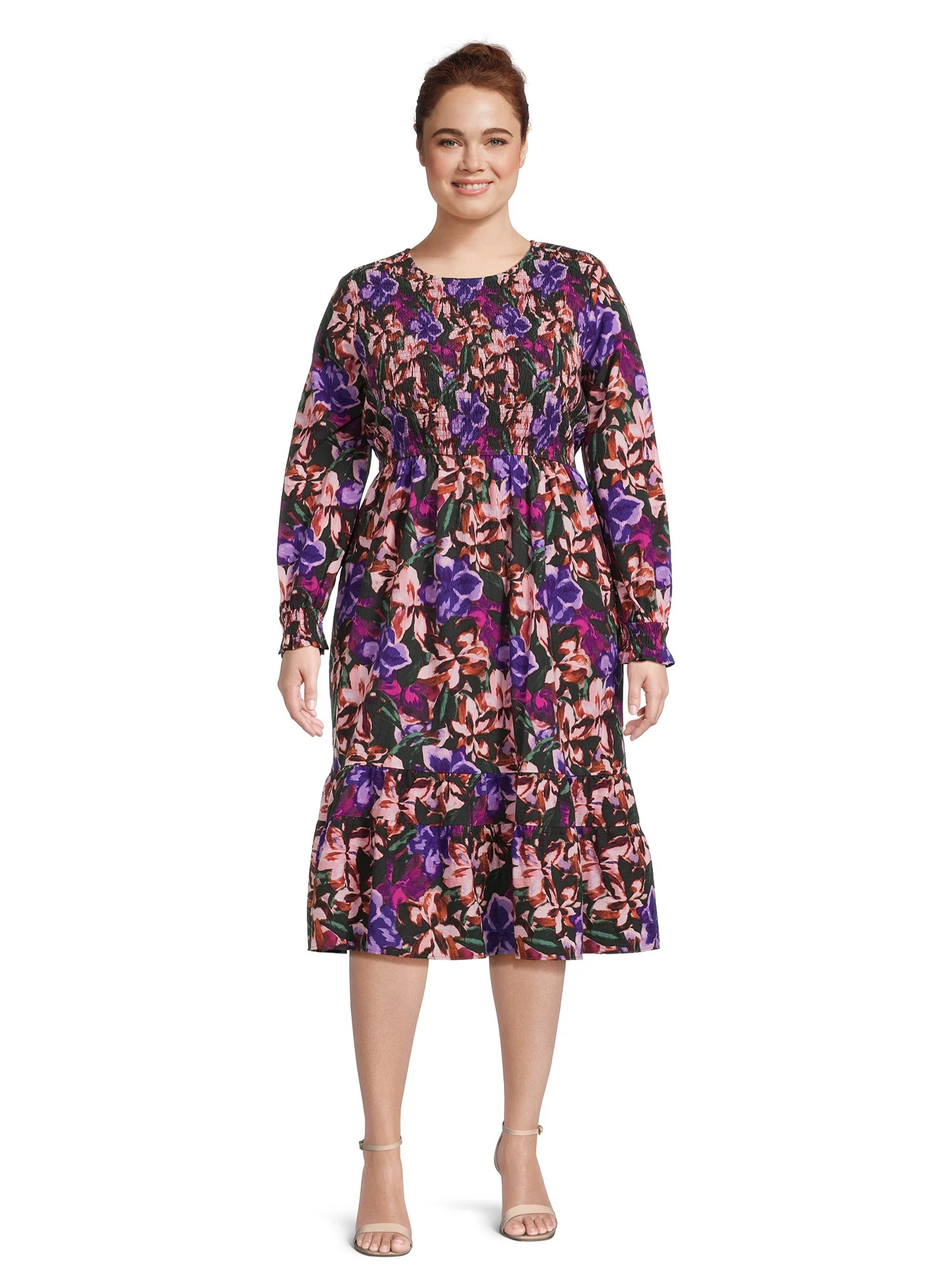 Terra & Sky Women's Plus Size Tiered Peasant Midi Dress | Walmart (US)