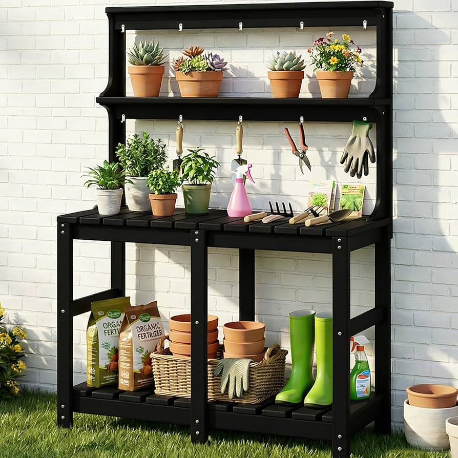 Outdoor Potting Bench with 3 Tier, All-Weather Patio Potting Table with Tool Hooks, HDPE Gardenin... | Amazon (US)