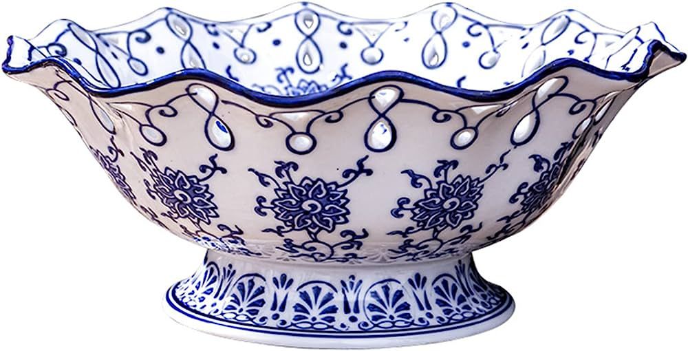 Fruit Bowl Fruit Serving Plate Blue and White Porcelain Decoration Bowl with Foot for Living Dini... | Amazon (US)