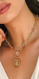 POMINA Chunky Coin Fashion Gold Necklace Trendy Statement Toggle Necklaces Women Antique Gold Coi... | Amazon (US)
