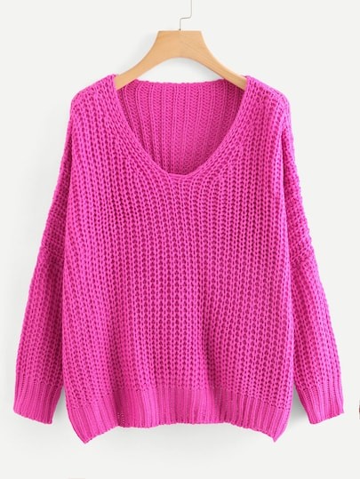 Neon Pink V Neck Drop Shoulder Oversized Sweater | SHEIN