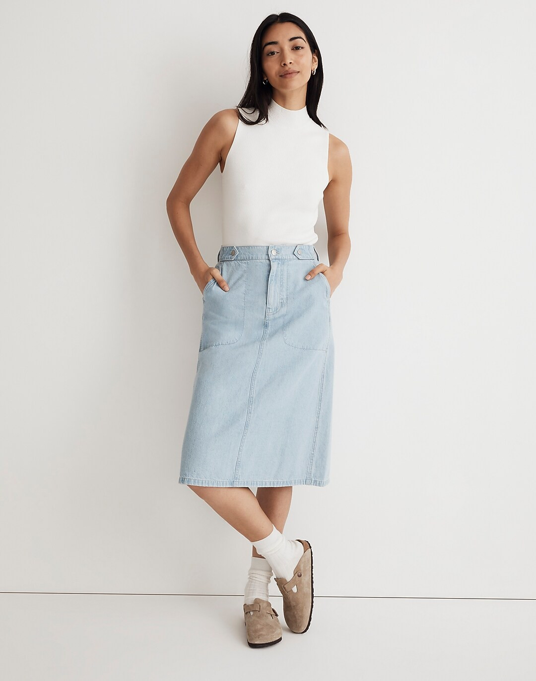 Denim Tab-Waist A-Line Midi Skirt in Lynnhaven Wash | Madewell