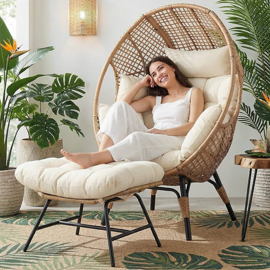 RADIATA Egg Chair with Footrest, Wicker Patio Lounger with Ottoman, Oversized Rattan Egg Shaped C... | Amazon (US)