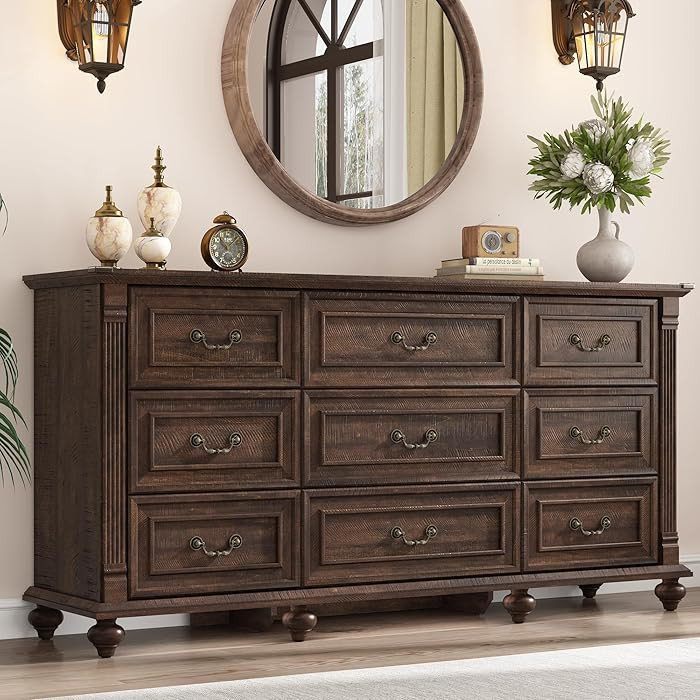 St.Mandyu 63" Farmhouse 9 Drawer Dresser for Bedroom with 6 Gourd Feet and Roman Column Decor, Wi... | Amazon (US)