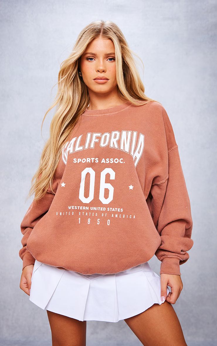 Light Brown Washed California Oversized Sweatshirt | PrettyLittleThing US
