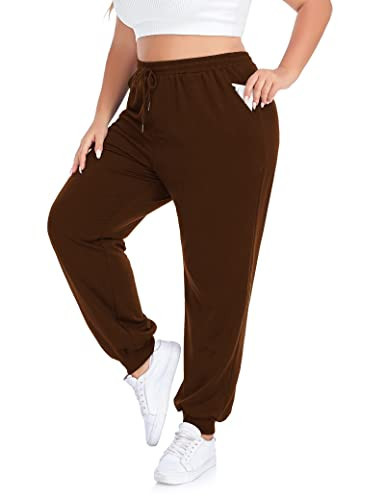 COOTRY Plus Size Sweatpants for Women Loose Elastic Waist Drawstring Joggers Workout Lounge Pants With Pockets A Brown 4XL | Amazon (US)