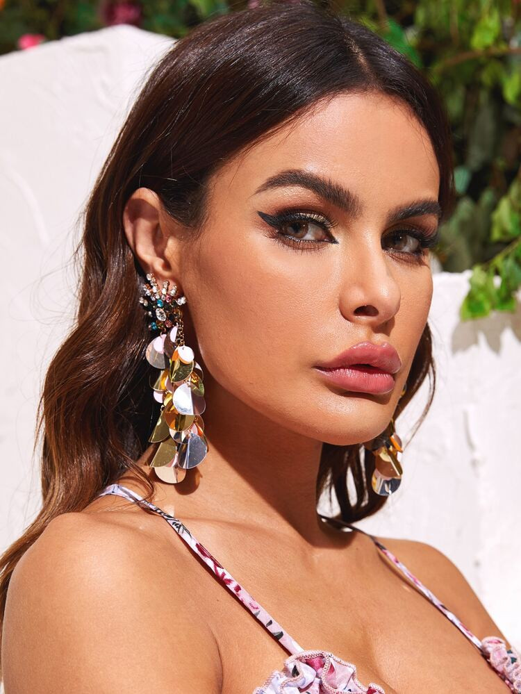 1pair Colorful Rhinestone Decor Sequin Drop Earrings | SHEIN