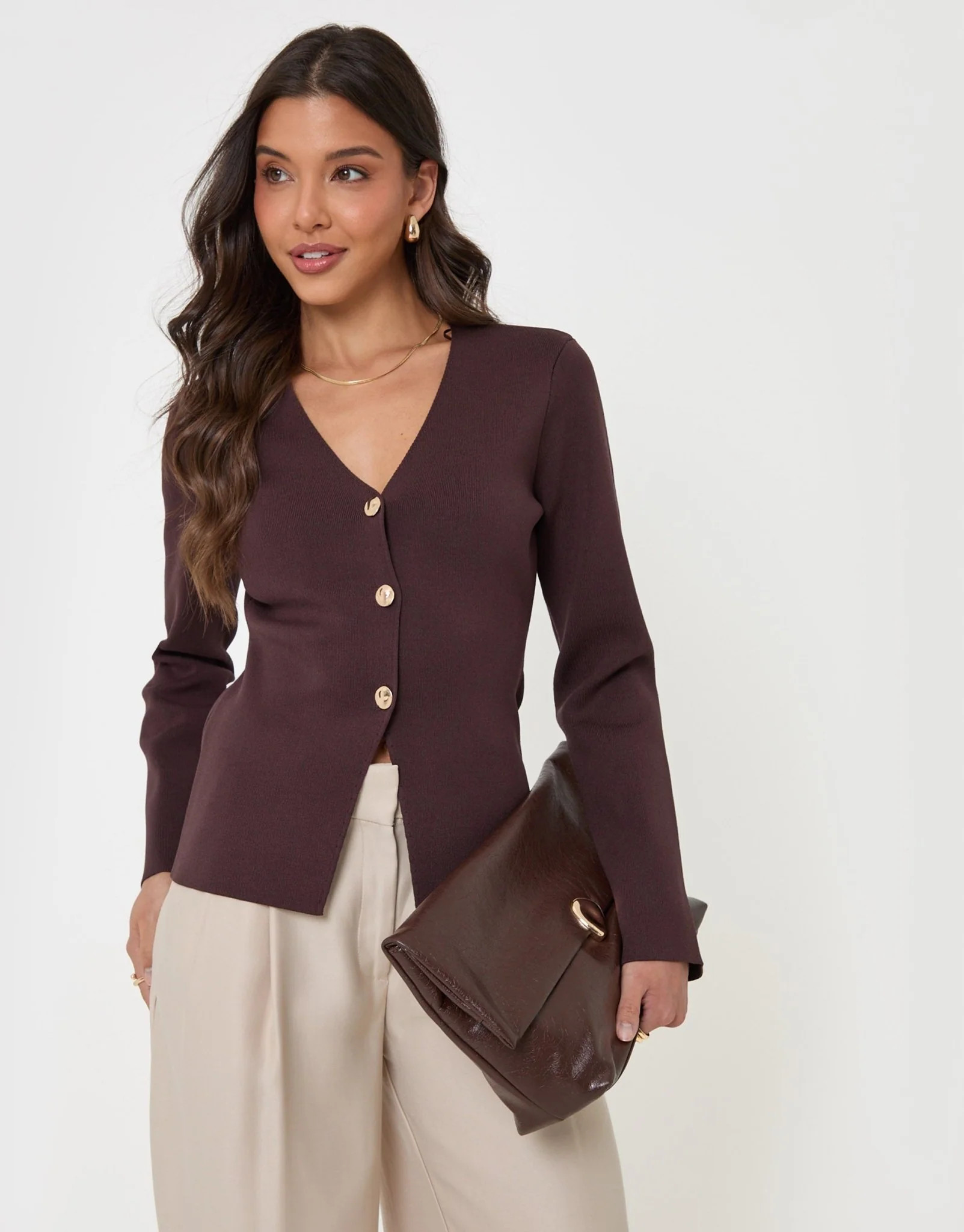 Compact Knit V Neck Cardigan in Chocolate Brown | Threadbare