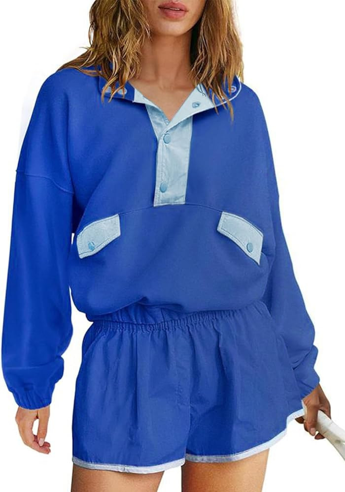 miduo Womens Color Block Two Piece Sets Long Sleeve Oversized Sweatshirts Pullover and Shorts Set... | Amazon (US)