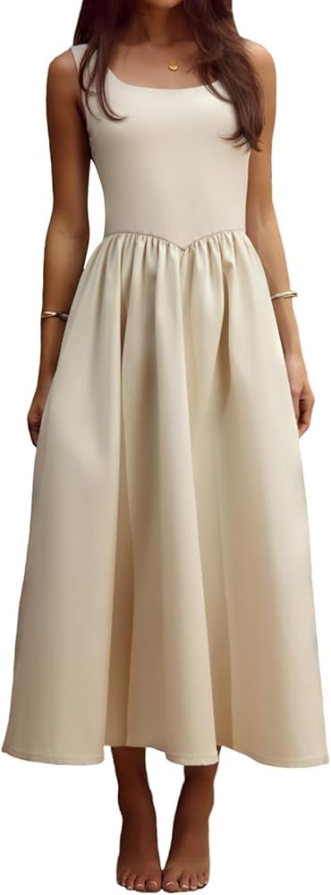 YUNDAI Elegant Sleeveless Midi Dress for Women: Flowy A-Line Scoop Neck Summer Dress | Amazon (US)