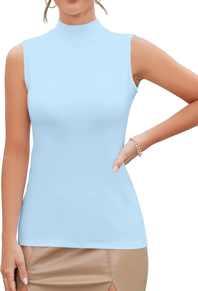 MANGDIUP Women's Mock Turtleneck Long Sleeve Sleeveless Tops Basic Slim T-Shirts | Amazon (US)