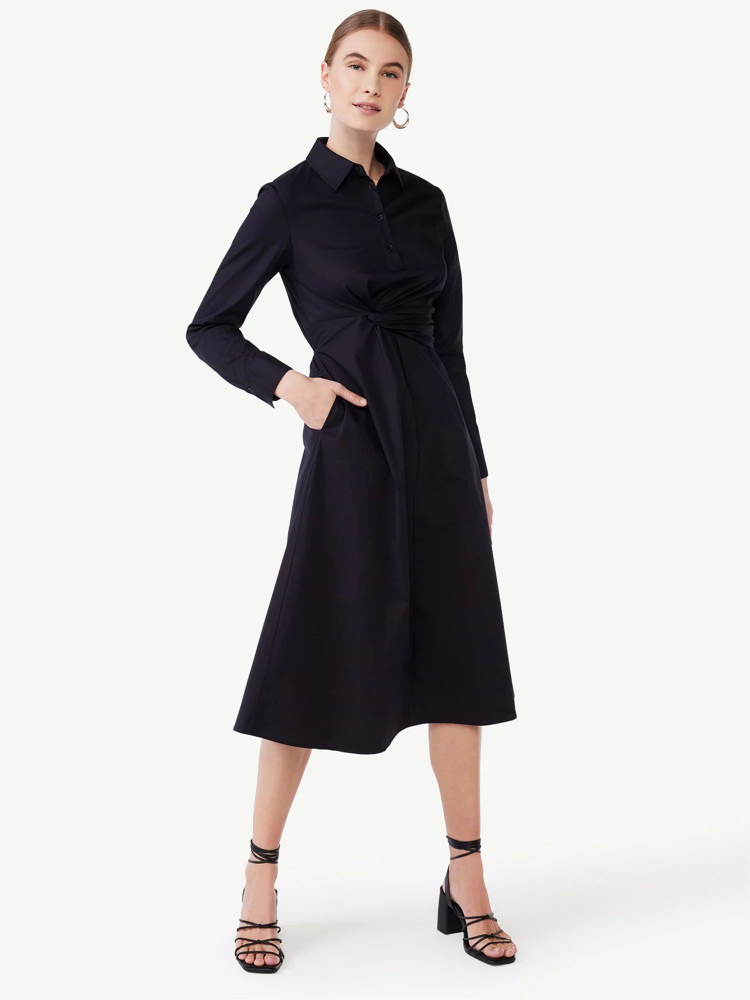 Scoop Women's Side Knot Poplin Midi Shirt Dress with Long Sleeves, Sizes XS-XXL | Walmart (US)