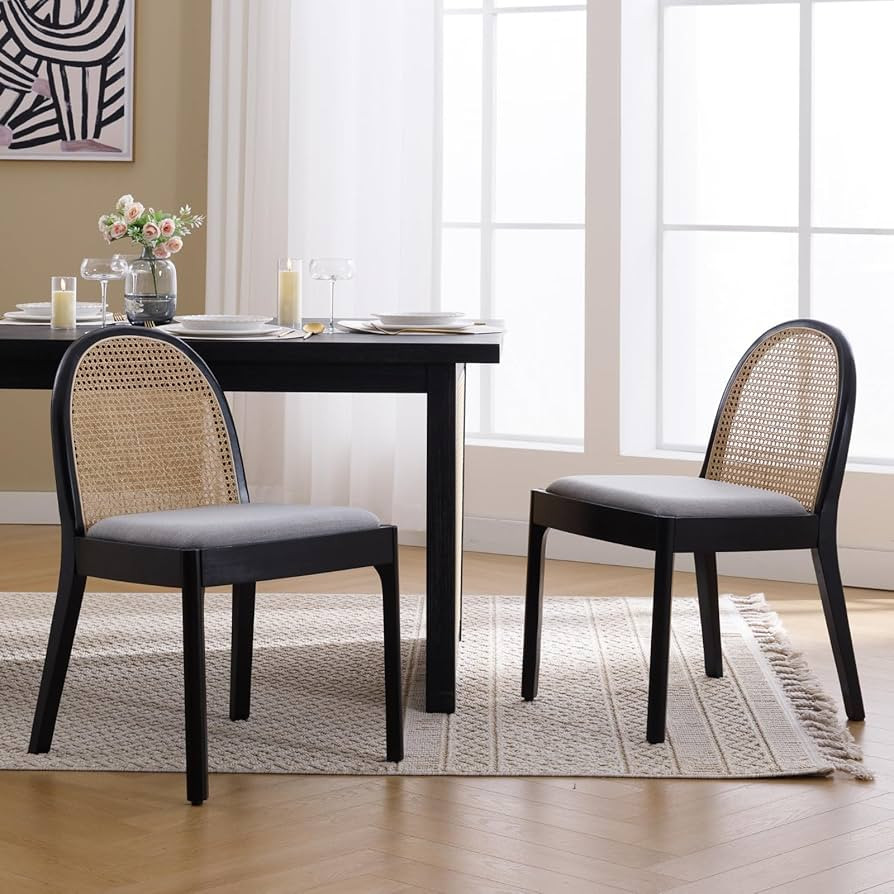 Mid Century Dining Chairs Set of 2, Accent Rattan Side Chairs Linen Fabric Kitchen Chair with Sol... | Amazon (US)